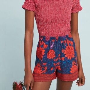 Anthropologie Red & Blue Floral High-Waist Shorts